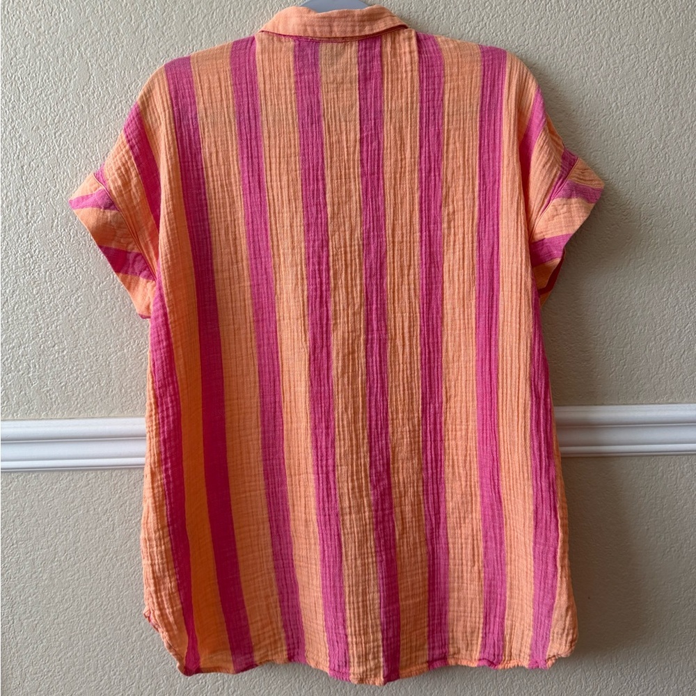 GAP Short Sleeve Button Gauze Cotton Shirt Striped Pink Orange Size Large Tall - Picture 2 of 9